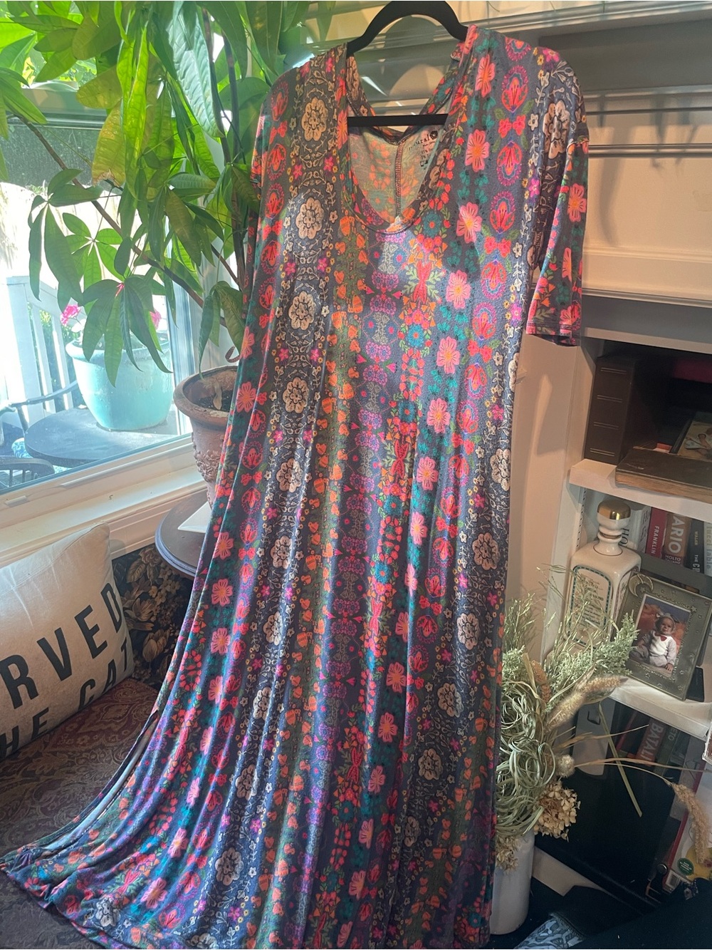 NATURAL LIFE Blue-Grey Maxi Dress with Pink and Teal Floral Print